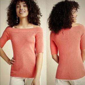 By Anthropologie Minuet Off-Shoulder Ribbed Knit Top Size Medium Coral Orange